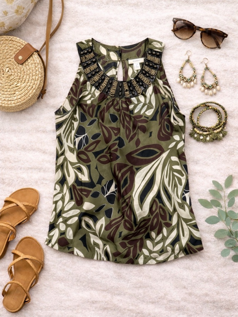 Dress Barn Olive Leaf-Print Beaded Neck Tank